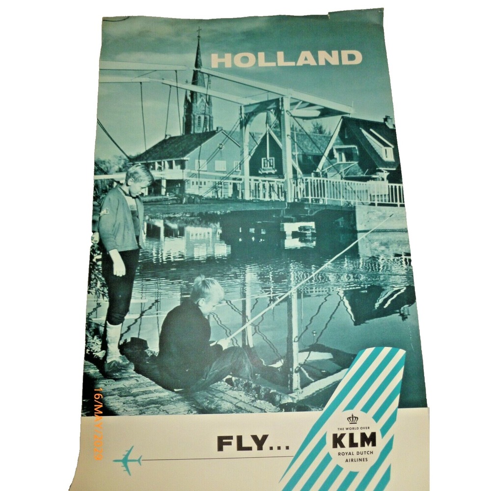 Vintage 1960s KLM Royal Dutch Airlines Holland Boys Fishing Teal Art Poster